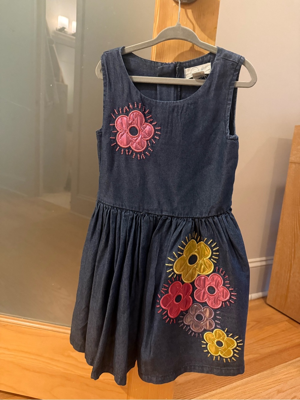 Peek Navy Denim Dress with Pink & Yellow Floral Appliqués